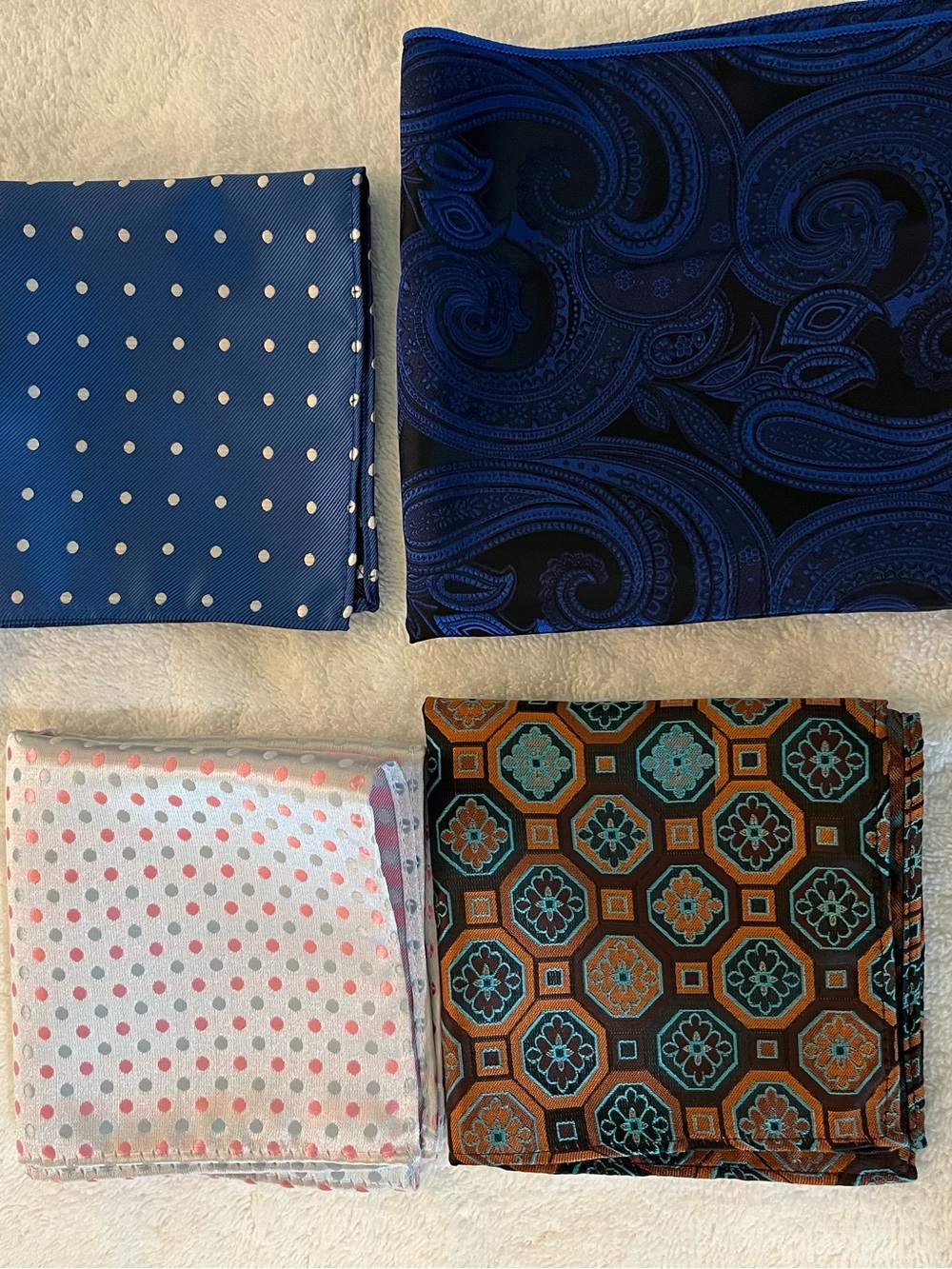 Set of Four Men's Pocket Squares - Blue, Navy, white dot, Brown/Teal Geo